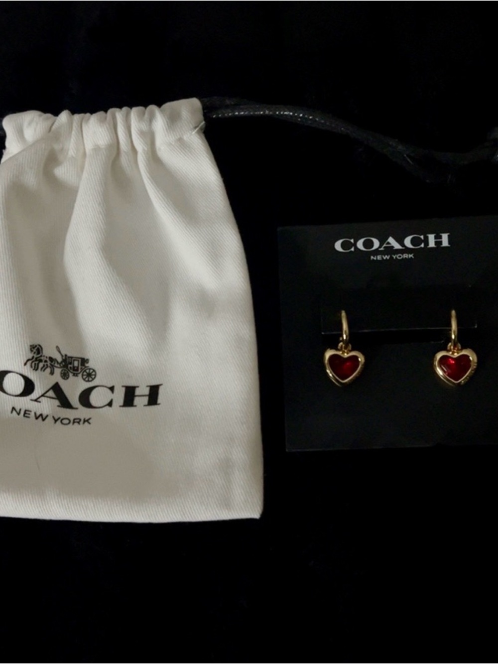 Coach Gold Heart Hoop Earrings with Red Crystal Charms - Picture 2 of 3